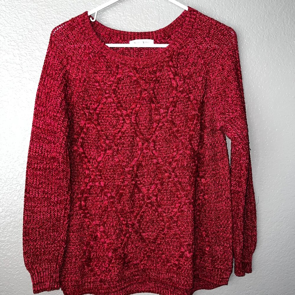Studio Works Red Cotton Cable Knit Sweater, V-neck, Size Large